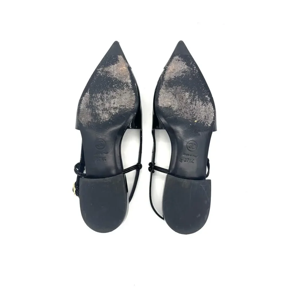 Chanel CC Logo Cap Toe Black Patent Leather Slingback Flats 37.5